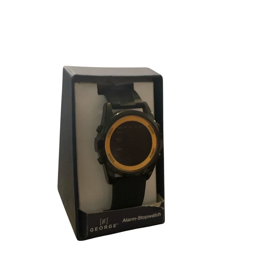 NEW George Mens Digital Watch Black and Yellow Alarm Stopwatch‎ Silicone Strap